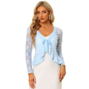 Floral Lace Shrug Tie Front Ruffled Hem Sheer Crop Bolero Cardigan Light Blue